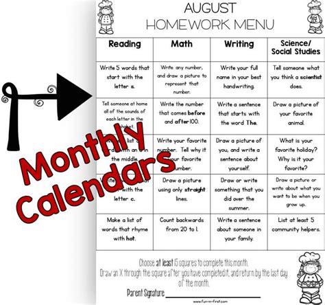 Editable Homework Menus For The Entire Year Fun In First