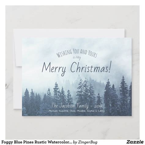 Foggy Blue Pines Rustic Watercolor Merry Christmas Holiday Card