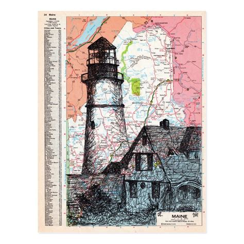Maine Print Maine Map Lighthouse Drawing Travel Crafts Old Map