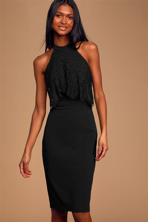 Lovely Black Dress Backless Lace Dress Halter Midi Dress Lulus