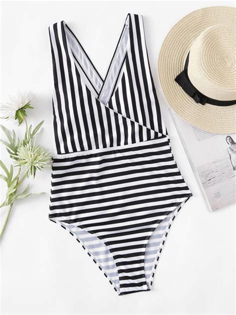 Cross Back Striped One Piece Swimsuit Striped Swimsuit Swimsuits