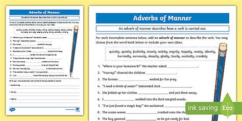 Adverb Of Manner Worksheet Exercises With Answers Twinkl