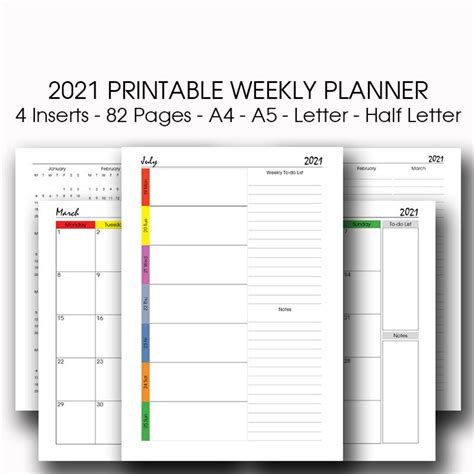 Weekly Planner Printable 2021 A4 A5 Filofax Insert Half Etsy