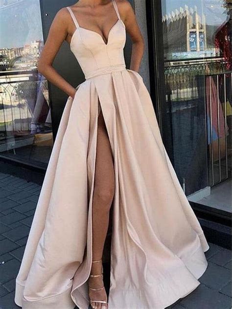 discount stylish satin long champagne prom dress with pockets gdc1201