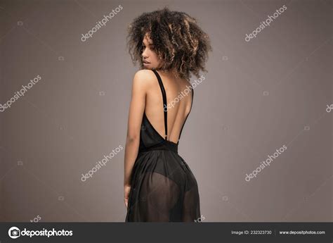 Elegant Beautiful African American Woman Posing Sexy Black Dress Studio Stock Photo By Neonshot