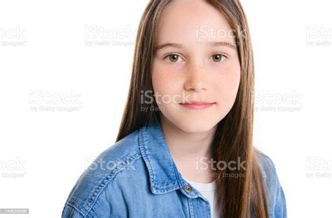 Young Brunette Pre Teen Girl On Studio White Stock Photo Download