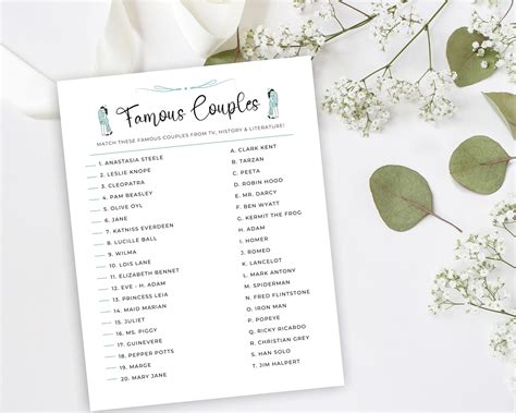 Famous Couples Game Couple Matching Game Blue Bridal Shower Etsy