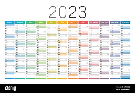 Year 2023 Colorful Wall Calendar In French Language With Weeks Numbers