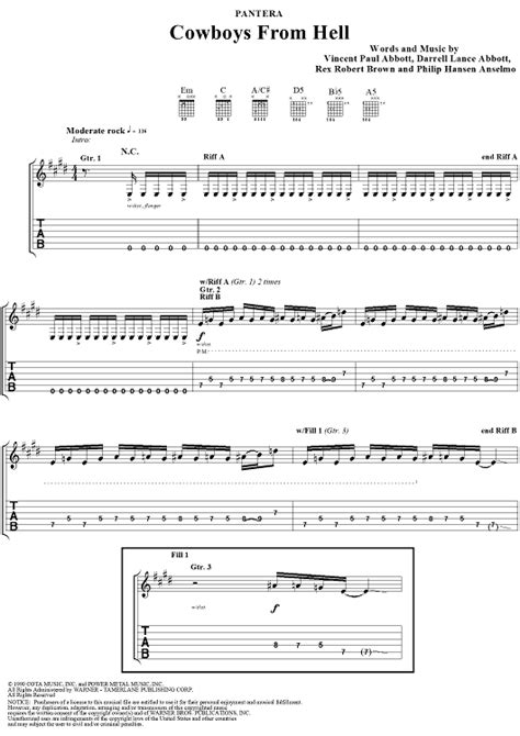 Cowboys From Hell Sheet Music By Pantera For Guitar Tabvocal Sheet