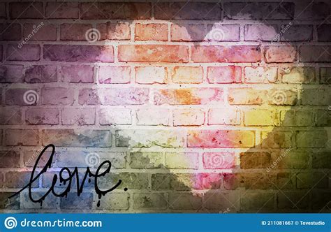 Heart And Love Inscription Pattern On Texture Of Old Brick Wall With