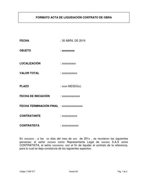 Modelo Acta De Liquidacion Contrato De Obradocx Gobierno Política