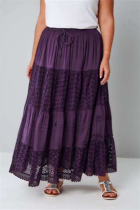 Purple Crinkle Cotton Tiered Maxi Skirt With Broderie Anglaise Plus