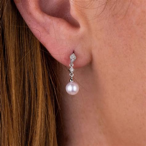 9ct White Gold Pearl Diamond Drop Earrings Buy Online Free