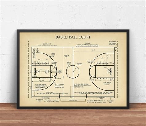 Basketball Court Blueprint Art Basketball Poster Print Etsy