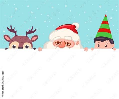 Santa Claus Reindeer And Elf Looking Out Of Blank Sign Vector Cartoon