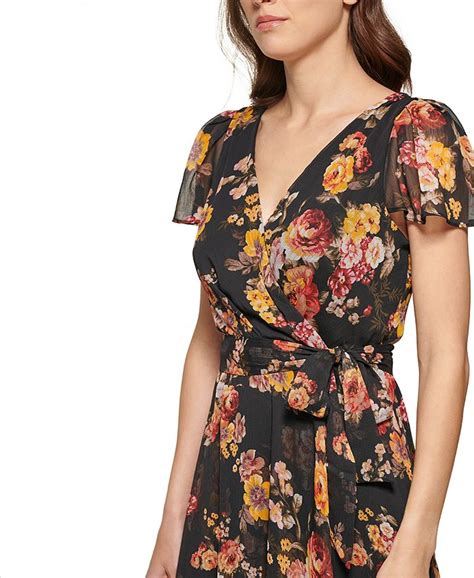 Dkny Floral Print Flutter Sleeve Midi Dress Macys