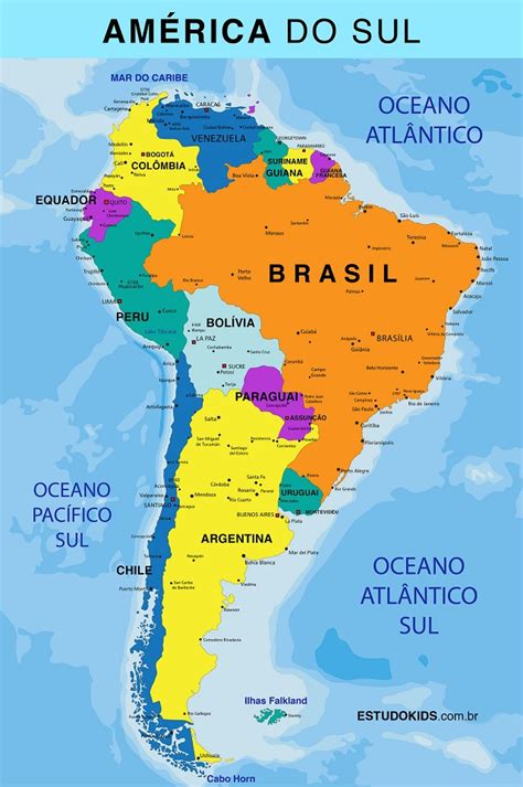 Fica entre os oceanos atlântico e pacífico. América do Sul: mapa e países desse continente - Estudo Kids