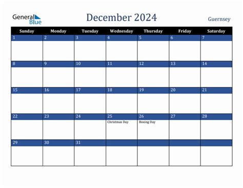 December 2024 Monthly Calendar With Guernsey Holidays
