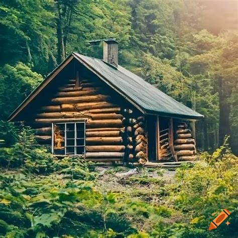 A Fine Log Cabin In A Beautiful Forest With Waterfalls In The Background