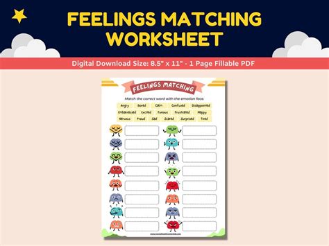 Identifying Feelings And Emotions Matching Worksheet For Etsy