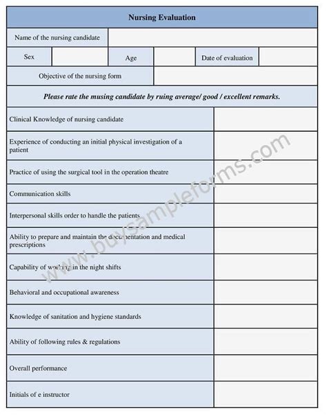Printable Nursing Evaluation Form Template Example Evaluation Form