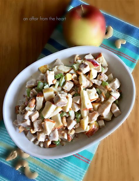 Different kinds of nuts, grapes, apples, dried cranberries, dried cherries, avocado, chopped green onion or red onion. Apple Chicken Salad
