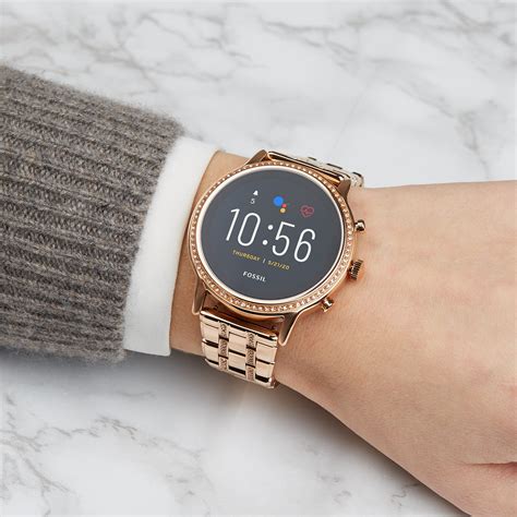 Android compatible, bluetooth, buttoned controls, circular, curved shape surface, ios compatible. Fossil Julianna HR Gen 5 Display Smartwatch FTW6035