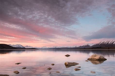 Pink Sunset At Lake Tekapo New Zealand Stock Photo Image Of