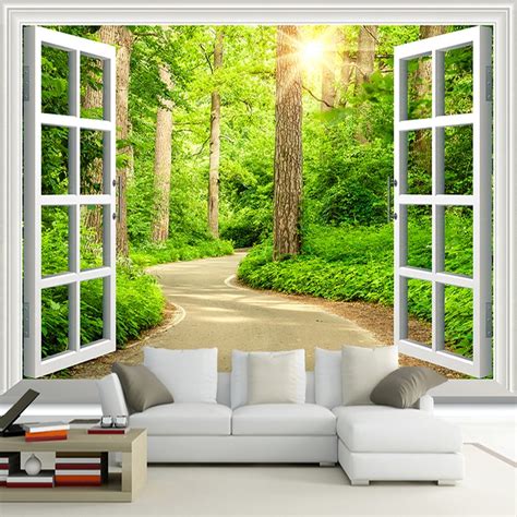 Custom 3d Photo Wallpaper Green Sunshine Forest Road Window Nature