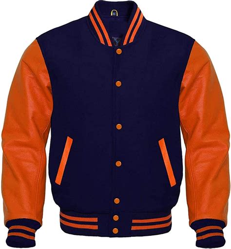 Goertpo Navy Wool Baseball Bomber Style Orange Leather Sleeves Jacket
