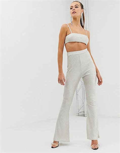 Fashionkilla Flared Pants Two Piece In Ribbed Glitter Asos