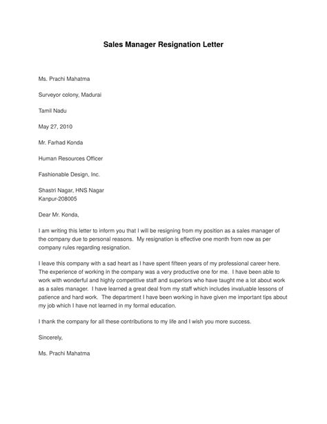 Resignation Letter Format For Restaurant Sample Resignation Letter