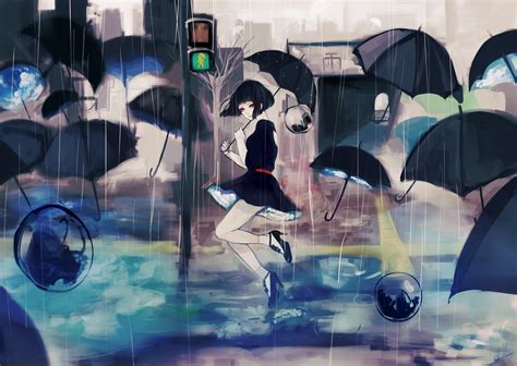 Anime Girl In Rain With Umbrellas Art Anime Anime Art Fantasy Anime
