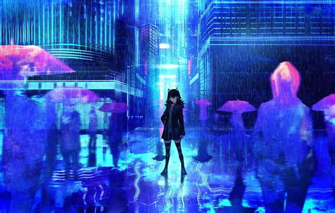 Girl The City Background Rain Anime Art Umbrellas Silhouettes