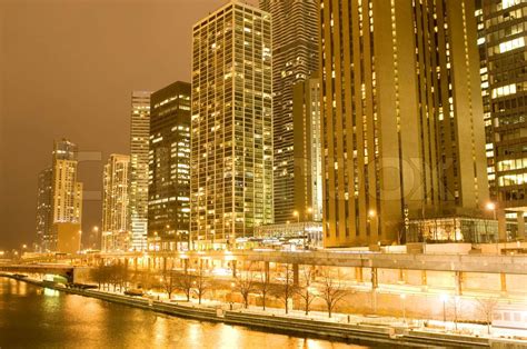 Chicago Downtown Area At Night Stock Image Colourbox