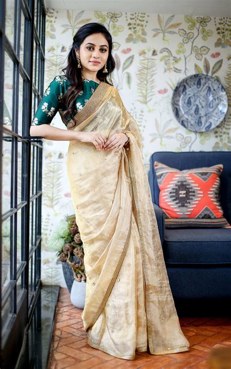 Gold Tissue Sari With Hand Embroidery Elegant Saree Saree Photoshoot Saree Blouse Designs Latest