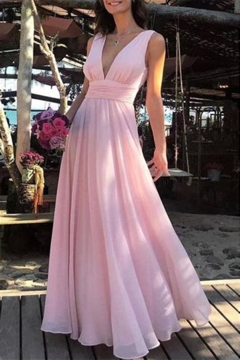 A Line Long Pink V Neck Chiffon Prom Dress Formal Evening Dresses 601448