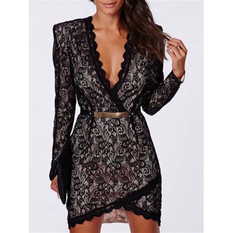 Sexy Women S Plunging Neckline Long Sleeve Bodycon Lace Dress Black