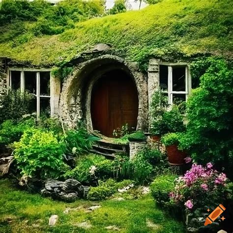 Photograph Of A Lush Cave With A Cozy Hobbit House On Craiyon