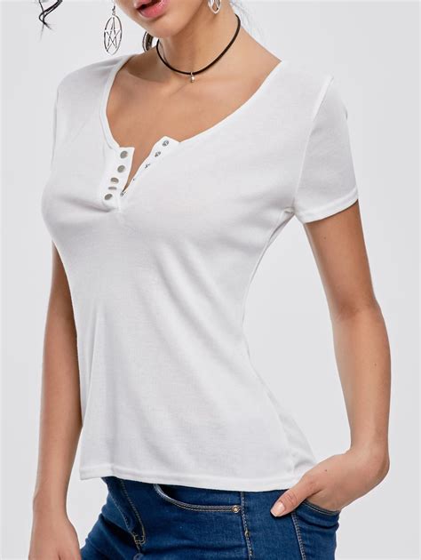 Off Sexy Scoop Neck Short Sleeve Solid Color Slimming T Shirt For Women Rosegal