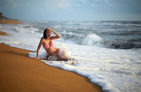 Wallpaper Sunlight Women Model Sea Shore Sand Brunette Beach
