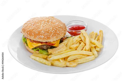 Burger With French Fries And Ketchup Barbecue Sauce Side View