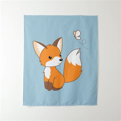 Cute Little Fox Watching Butterfly Tapestry