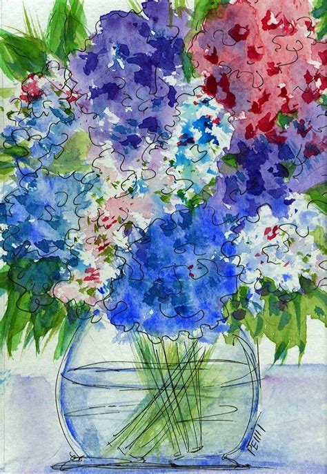 Flowers in a glass vase watercolour. Hydrangeas, Bouquet of Flowers,Pink Purple White, Flowers ...