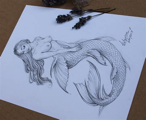 Naked Mermaid Fine Art Print Nude Woman Graphite Pencil Drawing Print