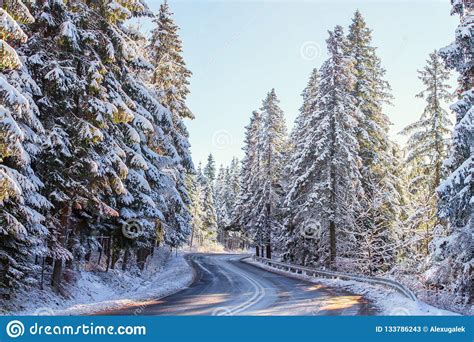 Mountain Road On Winter Sunny Da Stock Image Image Of Hoarfrost