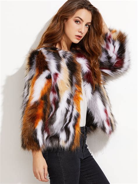 Multicolor Open Front Faux Fur Coat Sheinsheinside