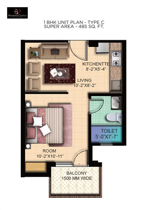 1 Bhk Floor Plan With Dimensions