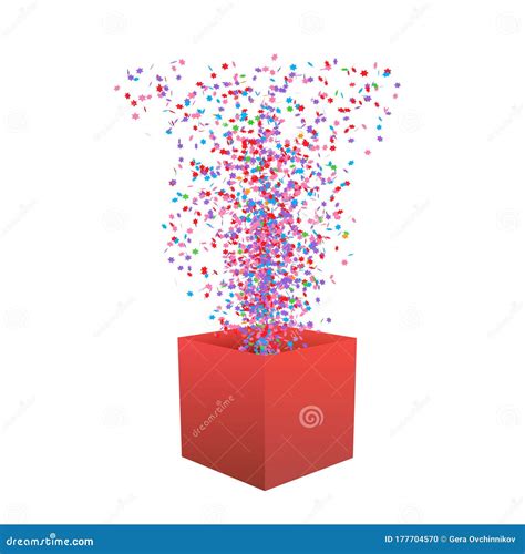 T Open Red Box With Confetti Flying Out Of The Box Vector