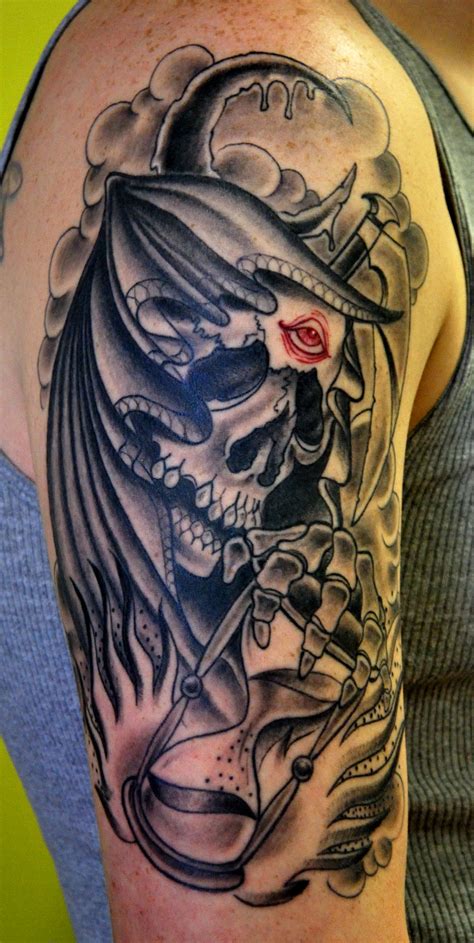 Best Grey Ink Grim Reaper Tattoo On Right Half Sleeve